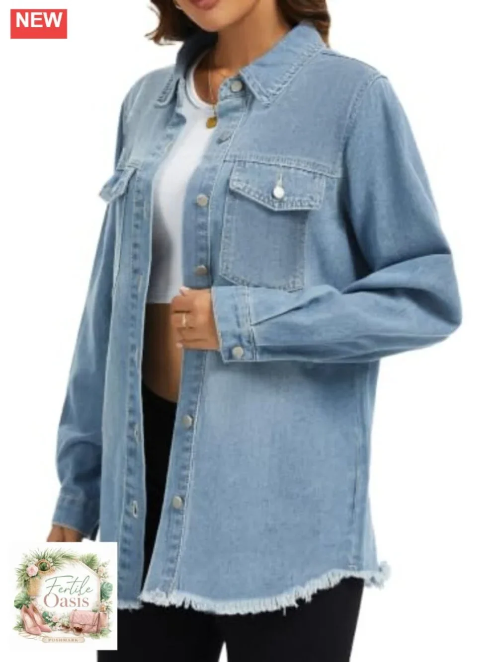 Oversized Distressed Denim Shacket Long Sleeve Boyfriend Style